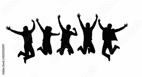 Silhouettes of five happy people jumping in unison with arms raised.