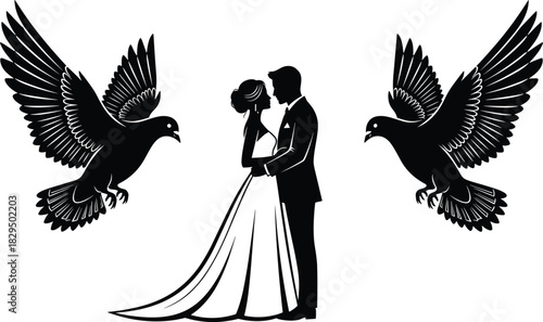 Wedding Couple Silhouette with Flying Doves, Bride and Groom Elegant Embrace, Love and Marriage Symbol Vector Graphic for Invitation, Decoration, Anniversary, Card