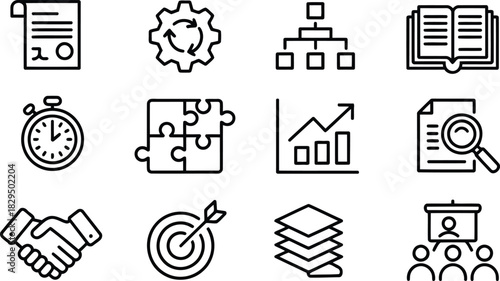Outline icons showcasing various business concepts including processes, data analysis, and teamwork strategies