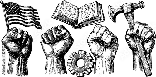 Hands holding a flag, book, hammer, and gear. Vintage vector illustration highlighting themes of protest and solidarity in a bold, black-and-white style.
