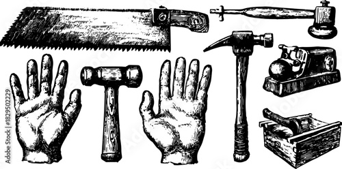 Vintage hand tools including a saw, hammer, and plane. Vector illustration of a working equipment set for craftsmanship.