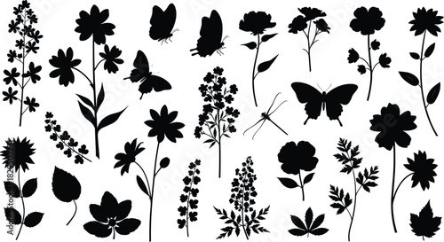Wildflower and Butterfly Silhouette Set, Elegant Botanical Nature Collection, Hand Drawn Leaves and Garden Flowers Vector Graphic Elements for Decor, Print, Invitation