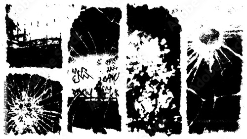 Vintage engraving print in black and white. Set of illustrations with outline details and texture, showcasing classic retro design in vector style.