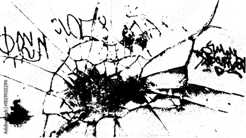 Engraved print with a vintage silhouette style. This textured illustration features a cracked appearance and graffiti elements in a monochrome vector set.