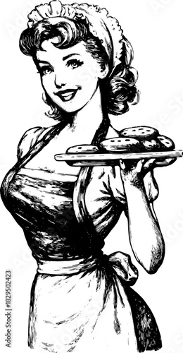 Vintage engraving of a woman serving cookies on a plate. The cook in an apron is featured in a classic vector illustration.