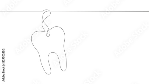 Continuous line drawing of tooth dental label - vector linear monochrome illustration.