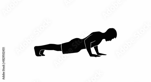 Silhouette of a man performing a push-up exercise on a white background.