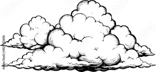 Vintage clouds in detailed engraving style. Line drawing illustration in black and white for artistic use in vector format.
