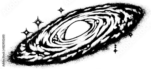 Galaxy illustration in vintage engraving style. Detailed outline design showcasing stars and planets in a textured vector set.