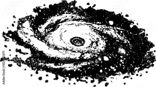 Galaxy engraving in vintage style. Black and white line drawing showcasing cosmic elements in an artistic vector illustration.