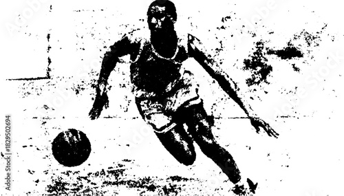 Basketball player in action, performing a dribble on the court. Dynamic vector illustration highlighting athletic movement and sport performance.