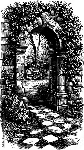 Illustration of an archway entrance leading to a garden. Detailed black and white set featuring stone path, vines, and lush nature in a vector style.
