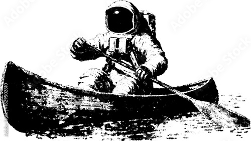 Astronaut in a canoe silhouette. Vintage engraving vector illustration showcasing a unique concept of exploration in natural marine settings.