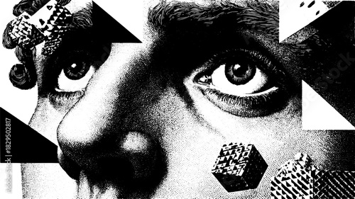 Vintage engraving of a human face with detailed line drawing. Black and white vector illustration featuring geometric shapes and unique textures.