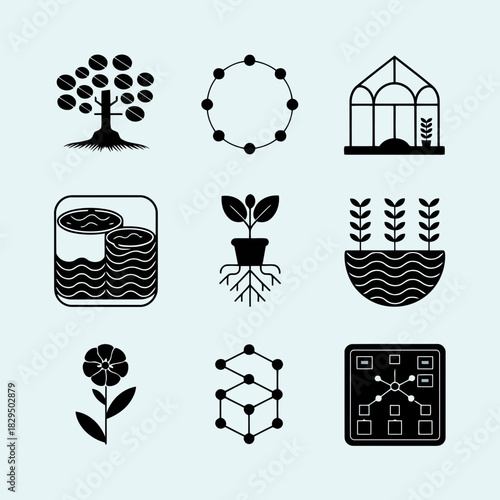 Set of nine black and white icons representing various aspects of gardening and agriculture