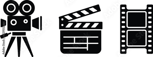 Set of classic film industry icons with a vintage movie camera, clapperboard, and filmstrip