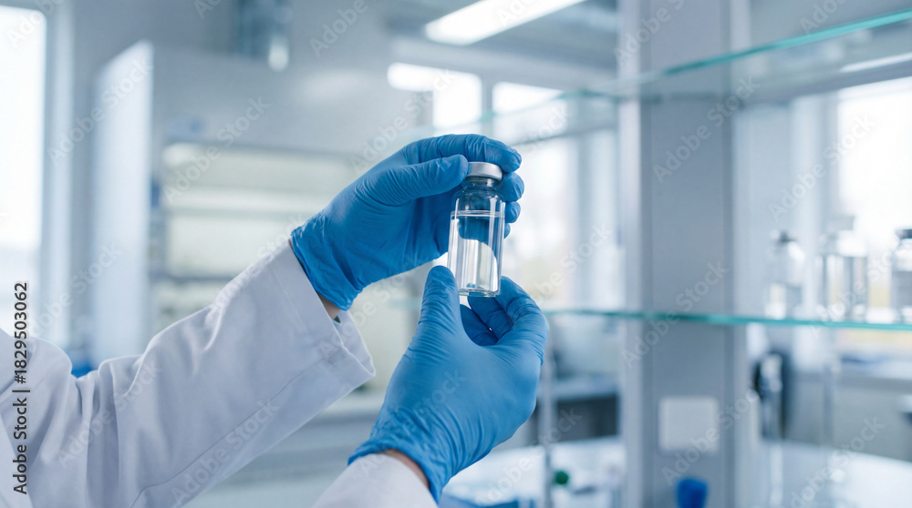 Fototapeta premium Scientist handling vial of life-saving medication in modern laboratory. World Cancer Day concept