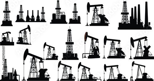 Oil Industry Silhouette Set with Drilling Rigs, Pump Jacks, and Refinery Buildings, Black Vector Collection for Energy, Petroleum, and Fossil Fuel Design