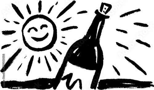 Bottle with cork and smiling sun in a simple sketch. Creative black and white vector illustration emphasizing happiness.