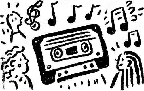 Cassette tape with music notes and singers. Simple hand-drawn vector illustration featuring a nostalgic theme in black and white.