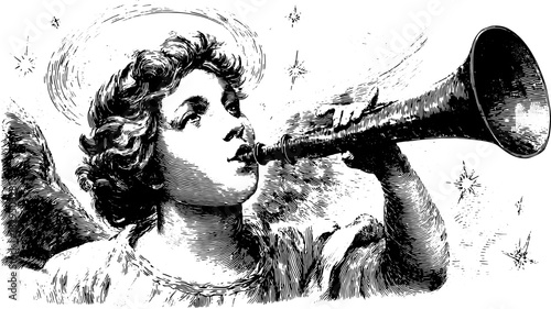 Angel playing a trumpet in vintage style. Black and white vector illustration with ornate details, part of an engraving set.