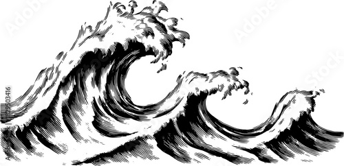 Engraved wave artwork in outline style. Vintage black and white illustration showcases dynamic water movement in a unique vector design.