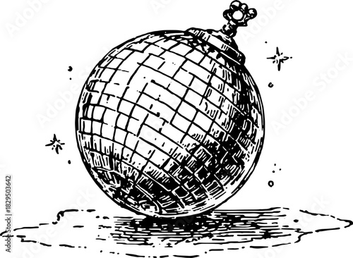Vintage disco ball drawing. A line art vector illustration representing a classic party element with reflections and textures.