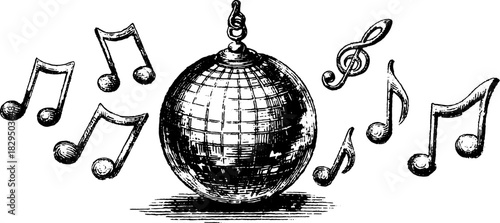 Vintage discoball with musical notes in a detailed vector illustration. This artwork captures the essence of celebration and entertainment in a classic style.