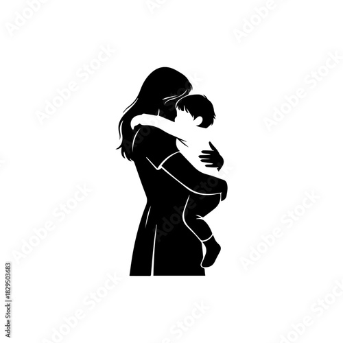 Black & white minimal vector silhouette of a mother tightly hugging her child. Warm, loving family moment, clean shapes, perfect for motherhood and bond concepts.