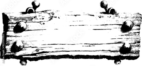 Vintage wood sign illustration. Simple black and white outline with decorative engraving effects in a vector design.