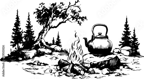 Camping scene featuring a kettle over a campfire. Vintage vector illustration capturing nature with trees and rocks.