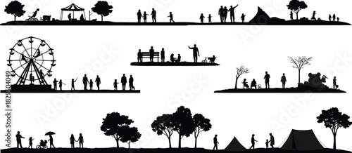 Outdoor Park and Leisure Activity Silhouette Set, Black Vector Collection of Families, People, Ferris Wheel, and Tents for Recreation and Fun Design