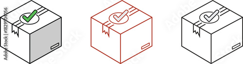 Three Isometric Cardboard Box Icons with Check Marks shipping box package