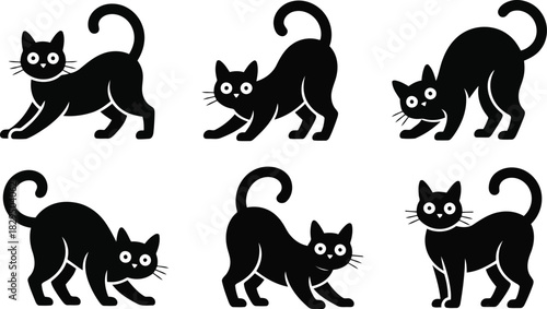 Six adorable black cats with expressive white eyes strike playful and stretching poses on a clean white background