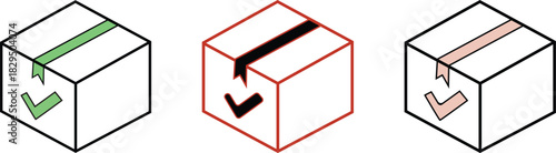 Three Isometric Cardboard Boxes with Check Marks and Colored Bands shipping box package