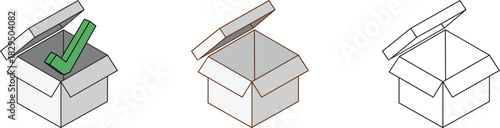 Three Isometric Open Cardboard Boxes with Check Marks shipping box package