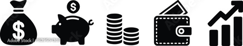 Simple black and white icons illustrating key concepts of personal and corporate finance on a clean background