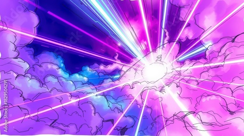 Abstract illustration of a bright light bursting through the clouds in a vibrant sky