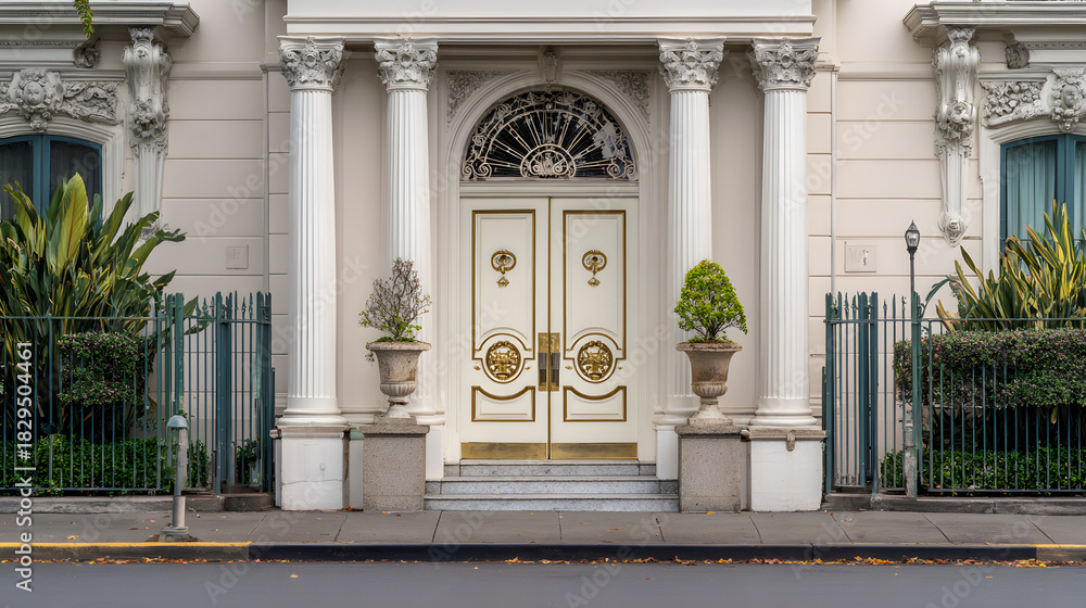 Fototapeta premium driveway. A grand mansion entrance featuring classical architectural details under a bright sky with scattered clouds. real-estate listings.