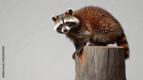 Curious raccoon perched on a weathered tree stump against a neutral background