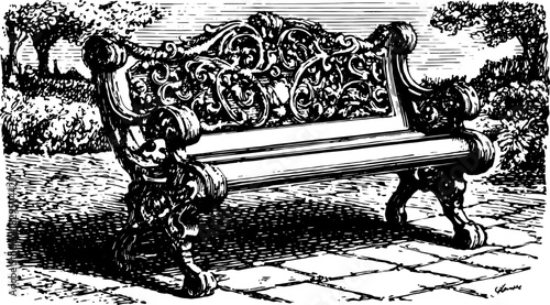 Ornate garden bench in vintage style. Detailed vector illustration showcasing the design and texture, ideal for outdoor decor or furniture settings.