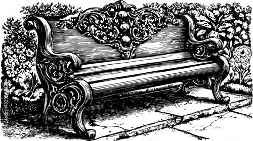 Vintage garden bench illustration in elaborate wooden design. Detailed sketch showcasing its ornate features, perfect for outdoor settings.