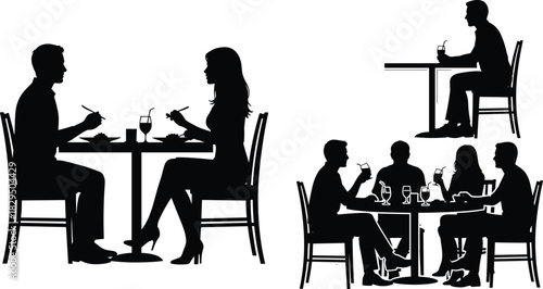 People Dining and Drinking Cocktails Silhouette Set, Black Vector Collection of Couples and Groups Eating with Chopsticks at Restaurant Tables for Social Design