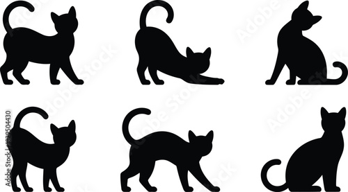 Six elegant black cat silhouettes showing various feline postures including stretching and sitting on a white surface