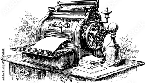 Vintage printer machine illustration on a wooden table showcasing a mechanical design. This black and white vector illustration emphasizes classic printing technology.