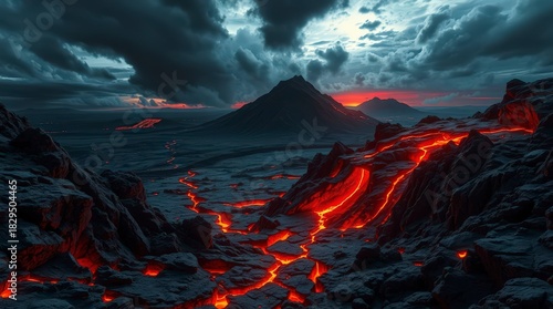 Dramatic volcanic landscape with flowing lava and ominous clouds at sunset