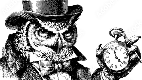 Owl holding a vintage watch in an elegant manner. This detailed black and white vector illustration showcases a classic and sophisticated character.