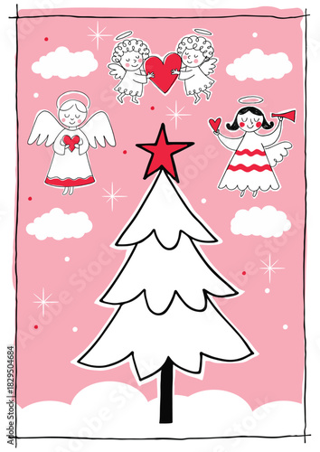 An illustration featuring adorable angels floating around a large white Christmas tree for Christmas cards, children’s designs, festive decorations, cute seasonal project, invitation, posters, flyers