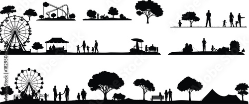 Outdoor Recreation and Leisure Activities Vector Set: Silhouettes of Families, Parks, Amusement Rides, Camping, and Trees, Ideal for Vacation and Fun Concepts