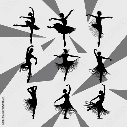 Silhouettes of ballerinas in various dance poses on a geometric background